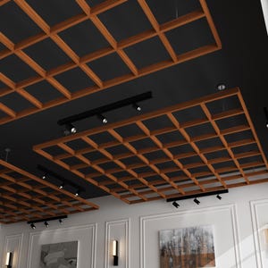 Puede incluir: Paneles de techo de rejilla de madera con un acabado oscuro, instalados contra un techo negro. Iluminación de riel negra con múltiples focos montados debajo de los paneles. La habitación tiene paredes blancas con molduras decorativas y obras de arte.