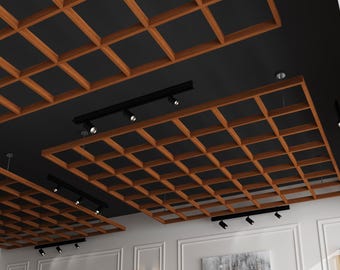 Modern Solid Oak Ceiling Panels – Grid Wood Slat Design, 7 Colors, Easy Installation