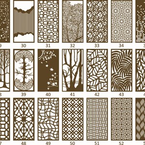 May include: A set of 54 different laser cut screen designs, featuring a variety of patterns, including geometric, floral, and abstract designs. The designs are all in a brown color and are arranged in a grid.