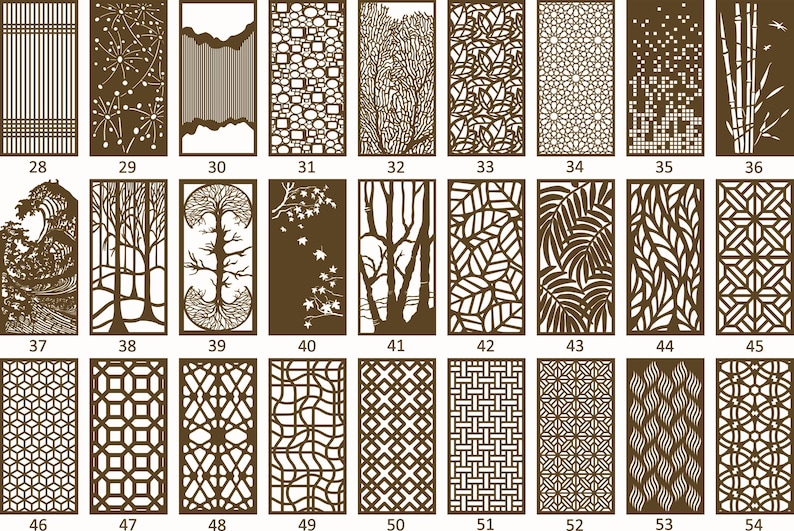 May include: A set of 54 different laser cut screen designs, featuring a variety of patterns, including geometric, floral, and abstract designs. The designs are all in a brown color and are arranged in a grid.