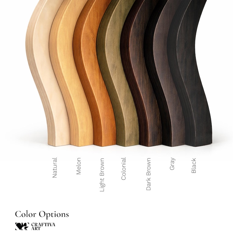 May include: A display of curved wooden samples in various colors, including natural, melon, light brown, colonial, dark brown, gray, and black. The text "Color Options" and the Craftiva Art logo are at the bottom.