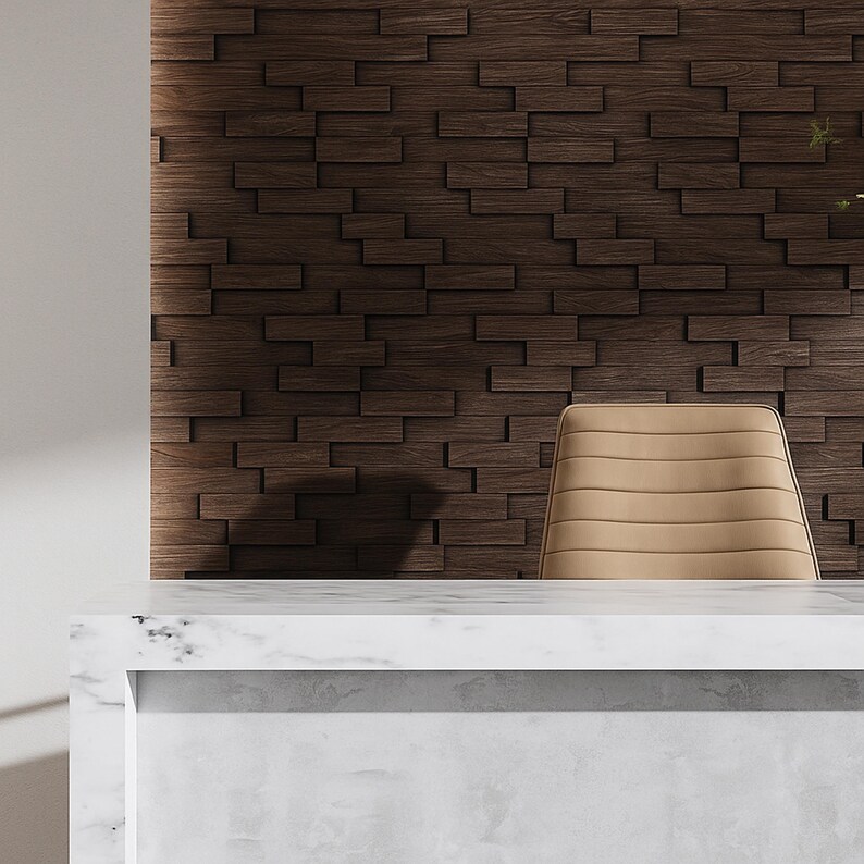Acoustic Wooden Wall Tiles in various colors, showcasing the 3D brick layout design made from solid wood, perfect for enhancing sound quality in any space.