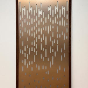 Pu&ograve; includere: Un pannello rettangolare color rame con una cornice in legno marrone scuro. Il pannello presenta un motivo di ritagli rettangolari verticali e arrotondati. Il design crea una texture visiva e permette il passaggio della luce, adatto per divisori o arte murale decorativa.