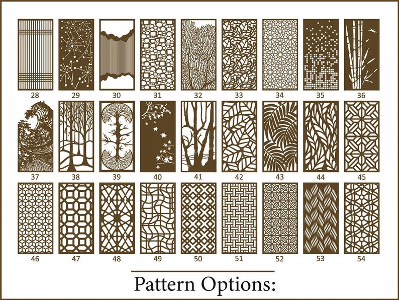 pattern options to customize your room divider panel, modern, intricate, leaf, geometric, moroccan, floral
