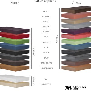 Puede incluir: Imagen que muestra opciones de color para un producto, con acabados mate y brillante. Las opciones de color incluyen bronce, cobre, oro, plata, morado, rojo, verde, azul, negro, gris, marr&oacute;n oscuro y marr&oacute;n claro. El texto "Color Options" est&aacute; en la parte superior.