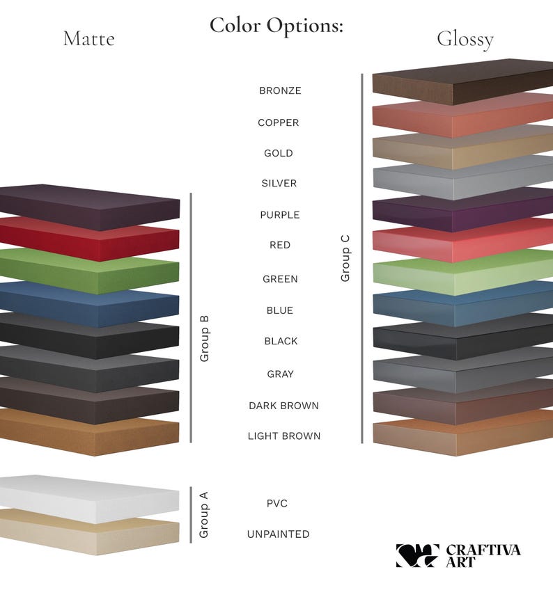 Puede incluir: Imagen que muestra opciones de color para un producto, con acabados mate y brillante. Las opciones de color incluyen bronce, cobre, oro, plata, morado, rojo, verde, azul, negro, gris, marr&oacute;n oscuro y marr&oacute;n claro. El texto "Color Options" est&aacute; en la parte superior.