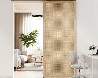 Rattan Sliding Barn Door for Cabinets, Solid Oak Frame, Easy Install Sliding Door