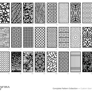Pu&ograve; includere: Una collezione di trenta schermi per la privacy in bianco e nero con vari motivi geometrici e organici. Gli schermi sono rettangolari e presentano disegni come forme floreali, a griglia e astratte. Il logo e il testo di Craftiva Art sono in basso.