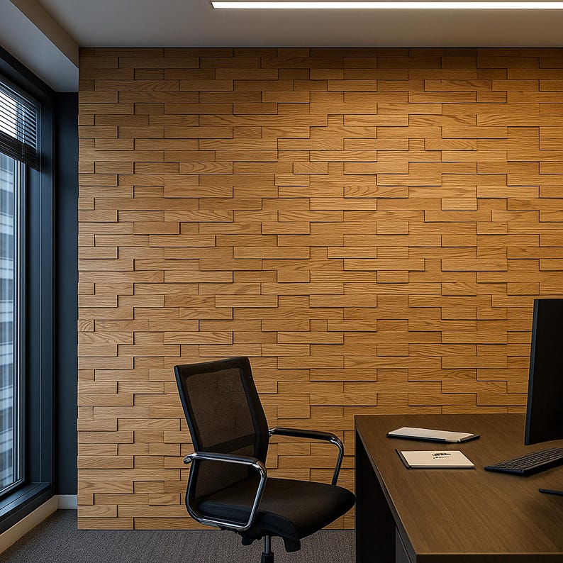 Acoustic Wooden Wall Tiles in various colors, showcasing the 3D brick layout design made from solid wood, perfect for enhancing sound quality in any space.
