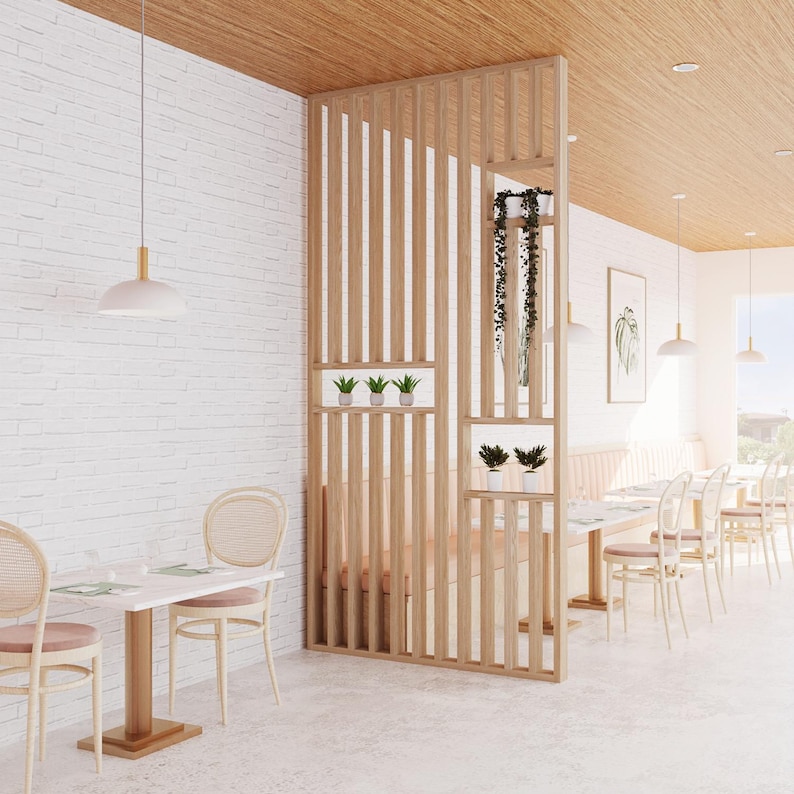 Modern Wall Slat Divider With Shelves | Vertical Wood Room Partition ...