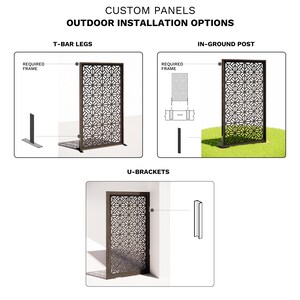 Pu&ograve; includere: Immagine che mostra pannelli personalizzati con opzioni di installazione all'aperto. Le opzioni includono gambe a T, pali interrati e staffe a U. Ogni opzione mostra un pannello decorativo con un motivo geometrico.