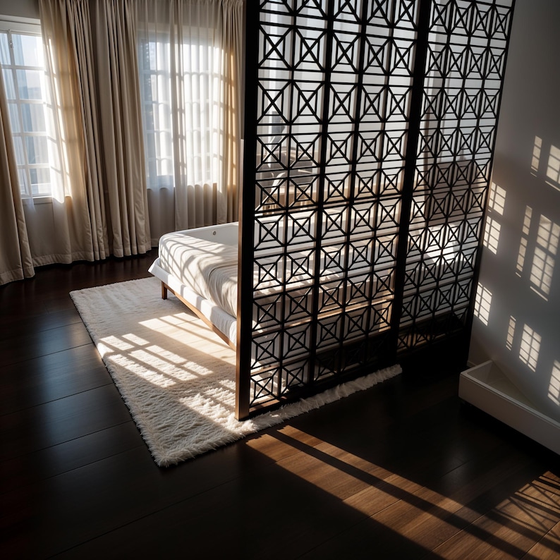 Modern bedroom with geometric room divider casting patterned shadows, warm sunlight on hardwood floors, white bedding and curtains.