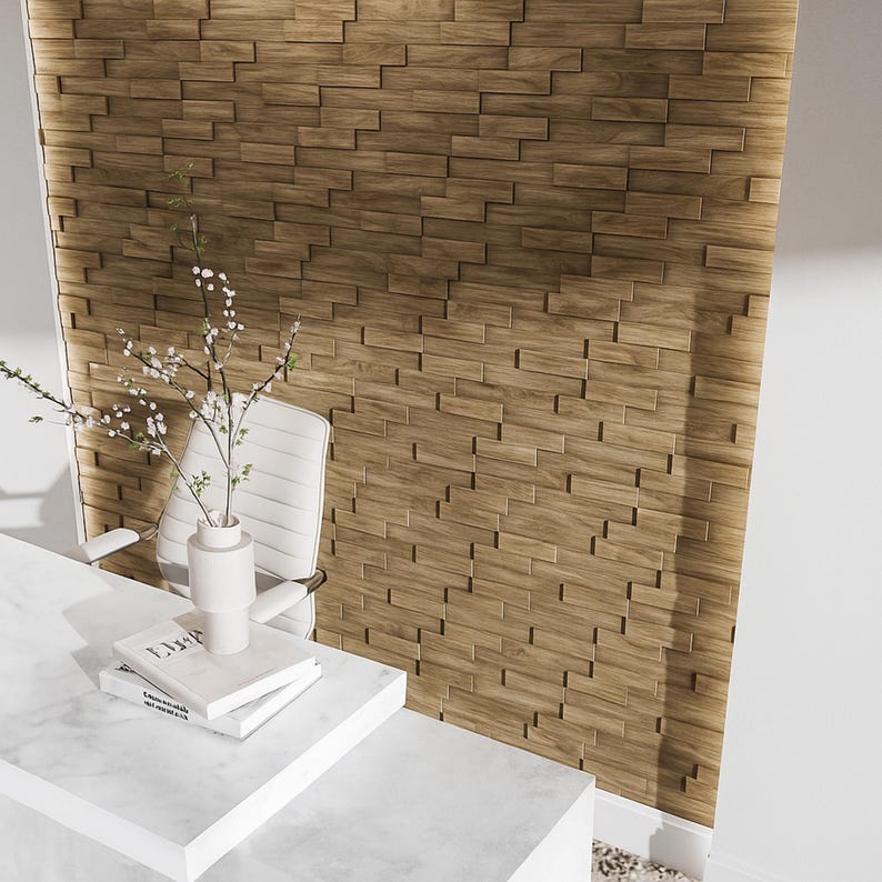 Acoustic Wooden Wall Tiles in various colors, showcasing the 3D brick layout design made from solid wood, perfect for enhancing sound quality in any space.