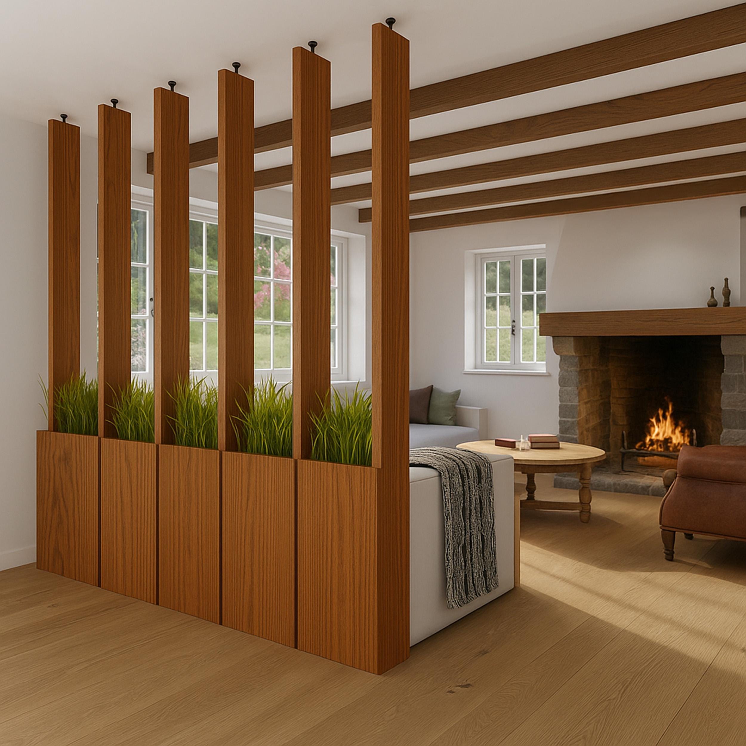 Privacy Partition Solid Oak Planter Room Divider | Modern Wood Privacy Screen With ...