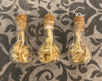 Potion bottle pendant with real rat bones