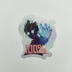 May include: A die-cut sticker featuring a dark silhouette character with glowing blue lightning patterns on the face and eyes. The character extends a hand forward with blue energy effects. The text 100% is printed in a bold, salmon-colored font.