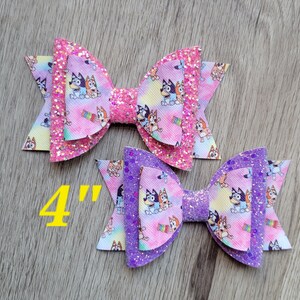 Blue dog cartoon character, toddler bows, glitter hair bows, girls fancy bows, clip in bows, 4" bows, little girl gift, birthday bows, blue