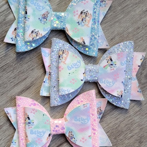 Blue dog cartoon character, toddler bows, glitter hair bows, girls fancy bows, clip in bows, 5" bows, little girl gift, birthday bows, cute