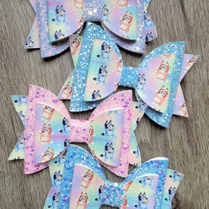 Blue dog cartoon character, toddler bows, glitter hair bows, girls fancy bows, clip in bows, 5" bows, little girl gift, birthday bows, cute