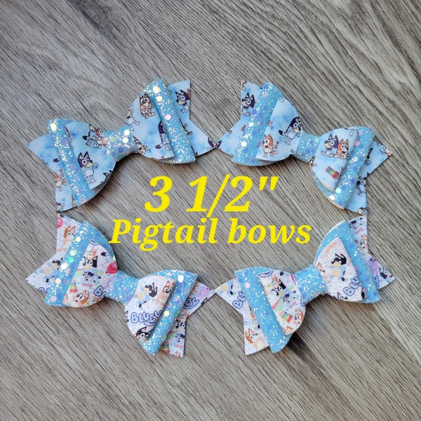 Blue dog cartoon character, toddler bows, glitter hair bows, girls fancy bows, pigtail bows, 3" bows, little girl gift, small bow, hair bows