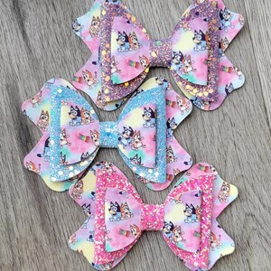 Blue dog cartoon character, toddler bows, glitter hair bows, girls fancy bows, clip in bows, 4" bows, little girl gift, birthday bows, cute