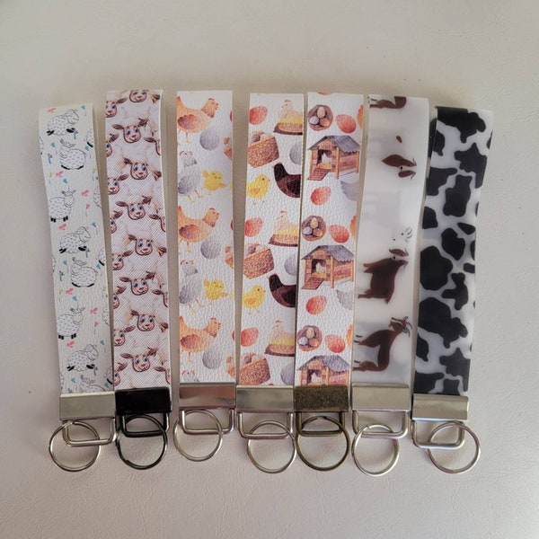 Sheep, chicken coops, goat, cow, animal print, key fob wristlet, car accessory, farm animals, country, gift, keychain holder, wrist lanyard