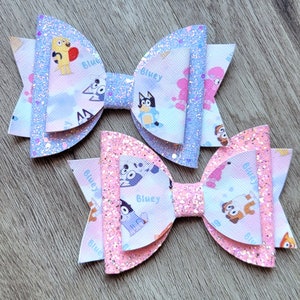 Blue dog cartoon character, toddler bows, glitter hair bows, girls fancy bows, clip in bows, 5" bows, little girl gift, birthday bows, cute