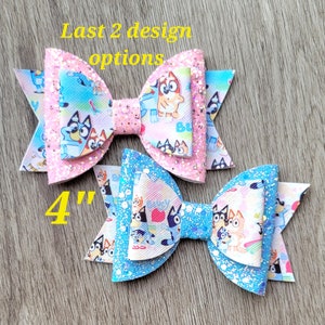 Blue dog cartoon character, toddler bows, glitter hair bows, girls fancy bows, clip in bows, 4" bows, little girl gift, birthday bows, cute
