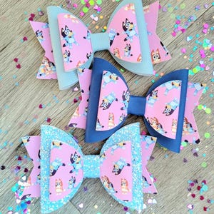 Blue dog cartoon character, toddler bows, glitter hair bows, girls fancy bows, clip in bows, 5" bows, little girl gift, birthday bows