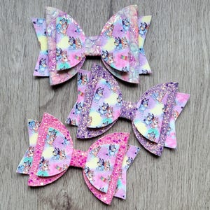 Blue dog cartoon character, toddler bows, glitter hair bows, girls fancy bows, clip in bows, 5" bows, little girl gift, birthday bows