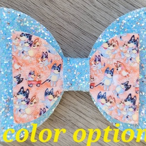 Blue dog cartoon character, toddler bows, glitter hair bows, girls fancy bows, clip in bows, 5" bows, little girl gift, birthday bows, cute