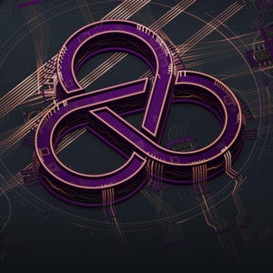 Peut inclure: Un symbole infini tridimensionnel violet aux bords cuivrés lumineux, intégré sur un fond de circuit imprimé sombre avec des chemins en cuivre complexes et des composants électroniques rayonnant depuis l'emblème central.