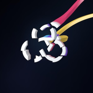 Pode incluir: Um gráfico digital apresentando um grupo de formas circulares tridimensionais brancas e fragmentadas suspensas contra um fundo escuro, com uma longa fita rosa curva e uma longa fita amarela curva estendendo-se do centro para fora.