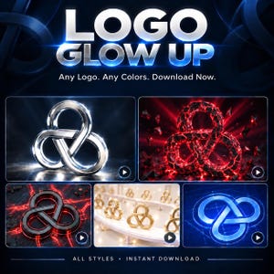 May include: A digital graphic titled LOGO GLOW UP featuring five variations of a triquetra-style knot logo. The designs include a metallic silver version, a glowing red fractured version, a black circuit-board style, gold on a white surface, and a blue neon outline.