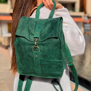 Leather backpack women, green leather backpack ladies, leather rucksack women, school backpack women, City Backpack, backpack purse