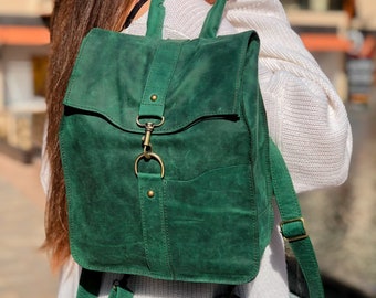 Leather backpack women, green leather backpack ladies, leather rucksack women, school backpack women, City Backpack, backpack purse