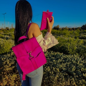 Mochila de cuero rosa, Mochila de cuero de regreso al cole para mujer, mochila de cuero con billetera a juego.