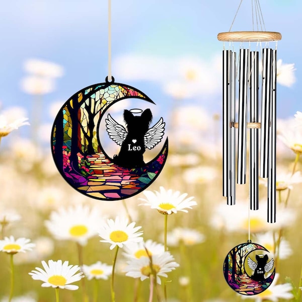 Custom Pet Memorial Suncatcher Wind Chime Tree Pattern, Papillon Dog Memorial Gift, Pet Loss Sympathy Gift, Dog on Moon, Angel Wings Decor