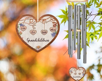 Grandma Tree Heart Wind Chime Wood, Custom Grandma Gift, Gift for Grandma, Gift from Grandkids, Mother's Day Gift Personalized Outdoor Decor