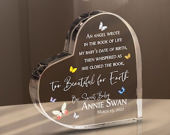 Custom Baby Memorial Acrylic Heart Plaque, Infant Loss Child Loss Sympathy Gift, Too Beautiful for Earth, Butterflies, Bereavement Gift