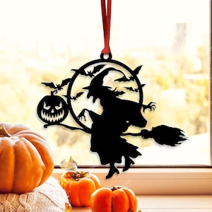Witch Halloween Ornament Metal, Witch on a Broomstick Ornament, Halloween Home Decoration, Spooky Halloween Gift, Halloween Metal Sign