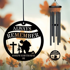 Always Remember Personalized Black Wind Chime, Soldier Memorial Gift, US Army Veteran, Veterans Day Gift, Fathers Day Gift, Memorial Day