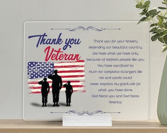 Thank You Veteran Acrylic Frame, Veterans Day Gift, US Soldier Gratitude Gift, Military Gift, American Armed Forces Sign, Gift for Veteran