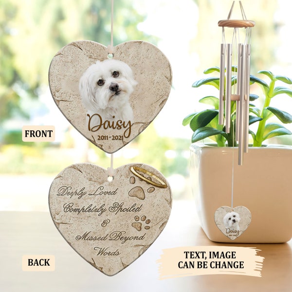 Custom Photo Pet Memorial Wind Chime Heart Tail, Missed Beyond Words, Paw and Halo, Pet Loss Gift, Cat Owner Dog Owner Sympathy Gift Chime