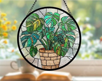 Monstera Plant Stained Glass Suncatcher, Window Hanging Decor
