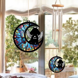 Custom Poodle Suncatcher Memorial Wind Chime, Pet Loss Sympathy Gift, Angel Wings and Halo, Butterfly Moon Pattern, Indoor Outdoor Decor image 6