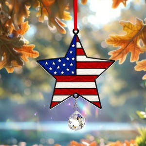 Acrylic American Star Suncatcher With Charm, Patriotic Red White Blue Ornament, Fourth Of July Gift, Independence Day