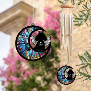 Custom Poodle Suncatcher Memorial Wind Chime, Pet Loss Sympathy Gift, Angel Wings and Halo, Butterfly Moon Pattern, Indoor Outdoor Decor image 3