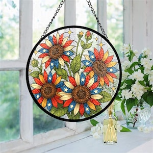 Patriotic Sunflower Suncatcher, American Flag Inspired Stained Glass Window Hanging, 4th of July Decor, USA Stars Blue Red Yellow Flower Art