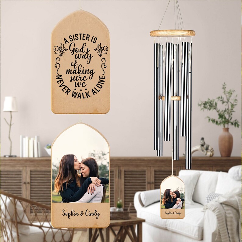 Carillón de viento personalizado para hermana, foto personalizada, decoración de jardín